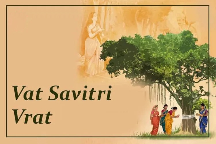 A photo of a Vat Savitri Puja. In the foreground, a woman in a red sari stands beside a large banyan tree. The tree trunk is wrapped in colorful thread. In the background, other women in saris stand around the tree.