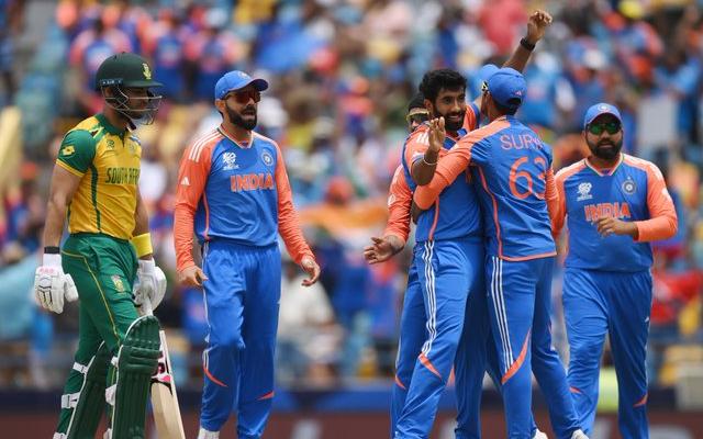 Indian cricket players celebrating a wicket against South Africa during a a cricket match between india vs south africa